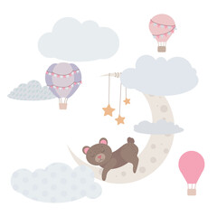 A cute bear cub sleeps on the moon. Animal on the moon. Balloons and airship. Children's illustration, Cute print, vector. Isolated on a white background. © Oksana