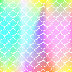 Gradient mermaid background with holographic scales.