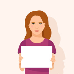 Flat vector illustration. Young girl holding a poster. Showing white paper with place for text