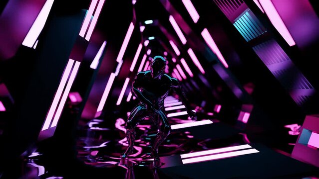 Handsome 3d male dancing Hip Hop, Abstract background. fluorescent light,  glowing neon lines, blue red pink purple spectrum, modern colorful illumination, 3d render