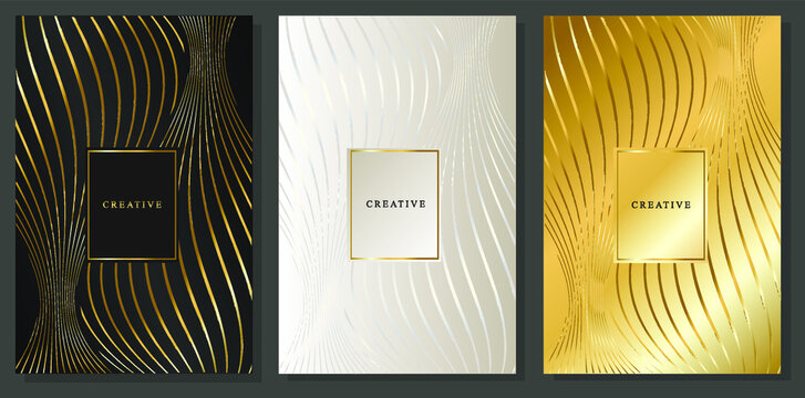 Luxury design covers. Symmetrical lines distorted on the background Black, platinum, gold. Golden stripes. Collection of elegant brochures.