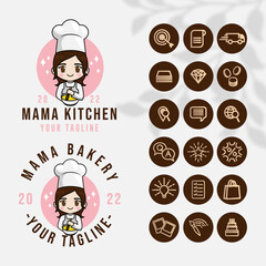 Cute girl cooking bakery logo homemade bakery shop hand drawn cartoon art illustration
