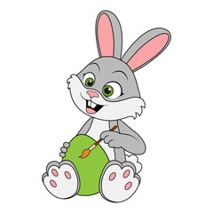 Cartoon funny Easter Rabbit sitting and painting brush an egg. Funny character Hare. Template for celebration, greeting or education card for kids. Suitable for decoration and design. Happy Easter.