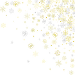 Fototapeta premium Gold snowflakes frame on white background. New year theme. Stylish shiny Christmas frame for holiday banner, card, sales, special offers. Falling snow with gold snowflakes and glitter for party invite