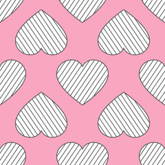 Vector seamless pattern with graphic icons of hearts on a pink background. Simple decorative composition for Valentine's Day packaging design. Small white hearts with diagonal lines.