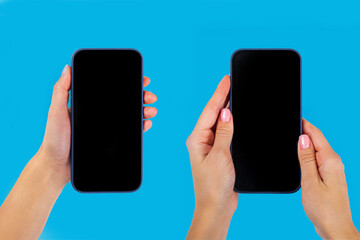 A set of female hands using a smartphone with an empty black screen isolated on a blue background