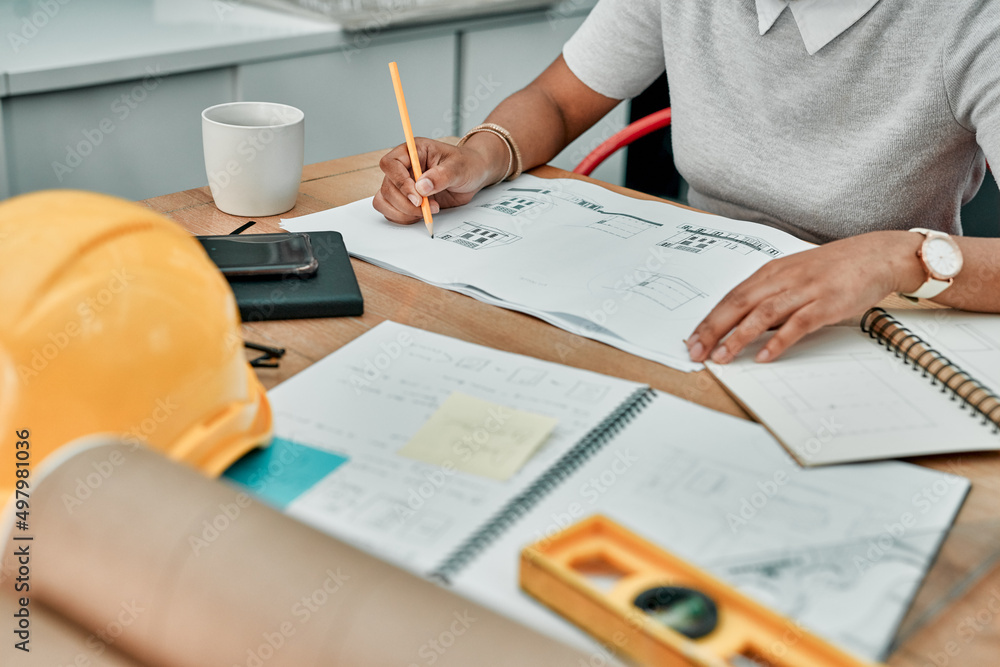 Poster Putting her big plans into place. Closeup shot of an unrecognisable architect working with blueprints in an office.