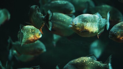Group of swimming piranhas. High quality photo