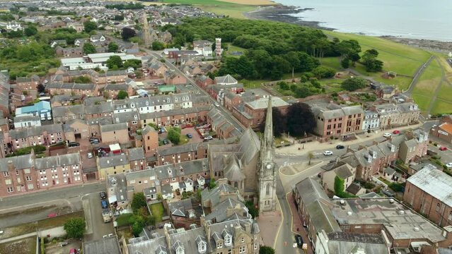 A drone view of an old town on the North Sea coast.