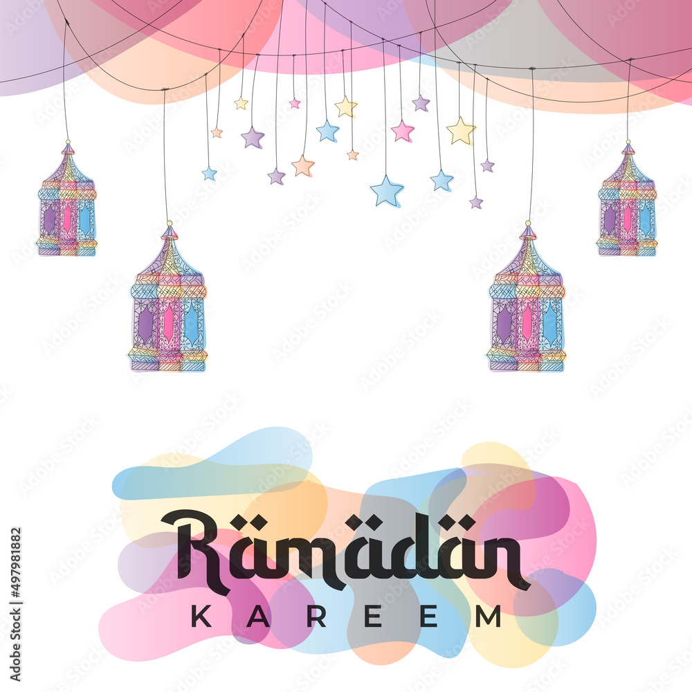 Wall mural ramadan greeting card or banner background. hand drawn lanterns and stars. ramadan kareem hand drawn