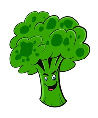 Chunky broccoli illustration cartoon style, comics style, hand drawn funny vegetable with face 