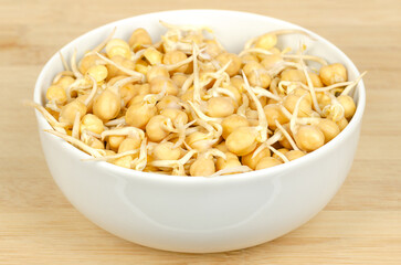 Chickpea sprouts, in a white bowl, on a bamboo board. Raw and fresh, ready to eat, sprouted chickpea seeds. Cicer arietinum, a legume and protein source, known as chick or garbanzo beans and as gram.