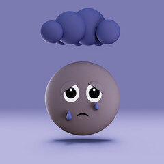 sad depressed anxious emoji under a cloud, 3D render illustration, anxiety, depression, mental health concept