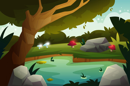 Nature Forest Landscape background illustration for happy earth day with environment lake scenery