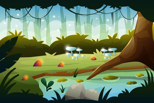 Nature Forest Landscape background illustration for happy earth day with environment lake scenery