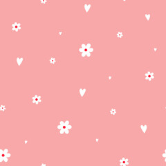 Seamless pattern with cute small flowers and hearts on pink background.