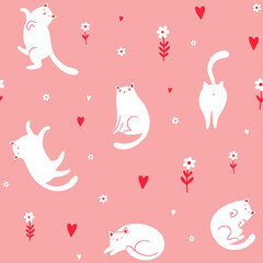 Seamless vector pattern with cute funny white cats, small flowers and red hearts on pink background.