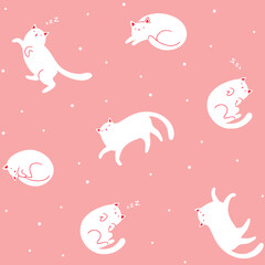 Fototapeta premium Seamless vector pattern with cute funny sleeping white cats on pink background.