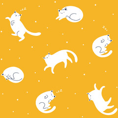 Seamless vector pattern with cute funny sleeping white cats on yellow background.