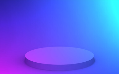 3d purple blue neon light cylinder podium minimal studio gradient dark colors background. Abstract 3d geometric shape object illustration render. Display for nightclub party and technology product.