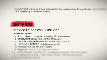 The Word Service Red Highlighted in a Dictionary Animation