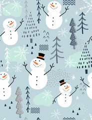 Seamless Christmas pattern with cute snowman and tree