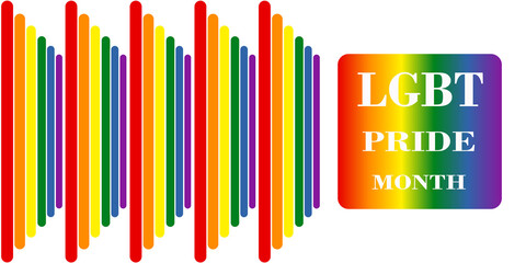 Poster announcing the celebration of LGBT pride month with a gradient with the colors of the pride flag. The design also adds a set of rounded vertical bars with the same colors.