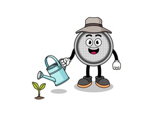 Illustration of button cell cartoon watering the plant