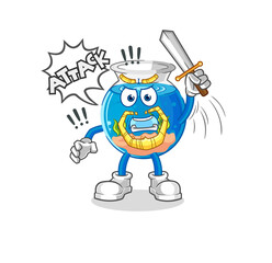 fish bowl knights attack with sword. cartoon mascot vector