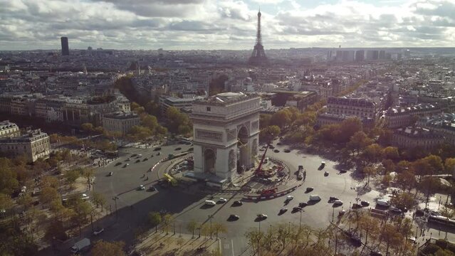 Drone view of the famous Arc de Triomphe in Paris.