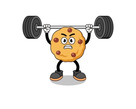 Chocolate Chip Cookie Mascot Cartoon Lifting A Barbell