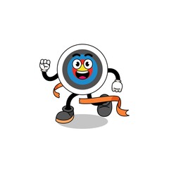 Mascot cartoon of archery target running on finish line