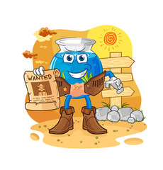 fish bowl cowboy with wanted paper. cartoon mascot vector