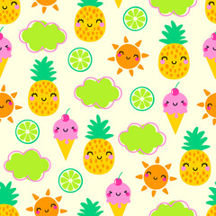 Cute cartoon pineapple, ice cream, sun and lime seamless pattern for summer holidays background.