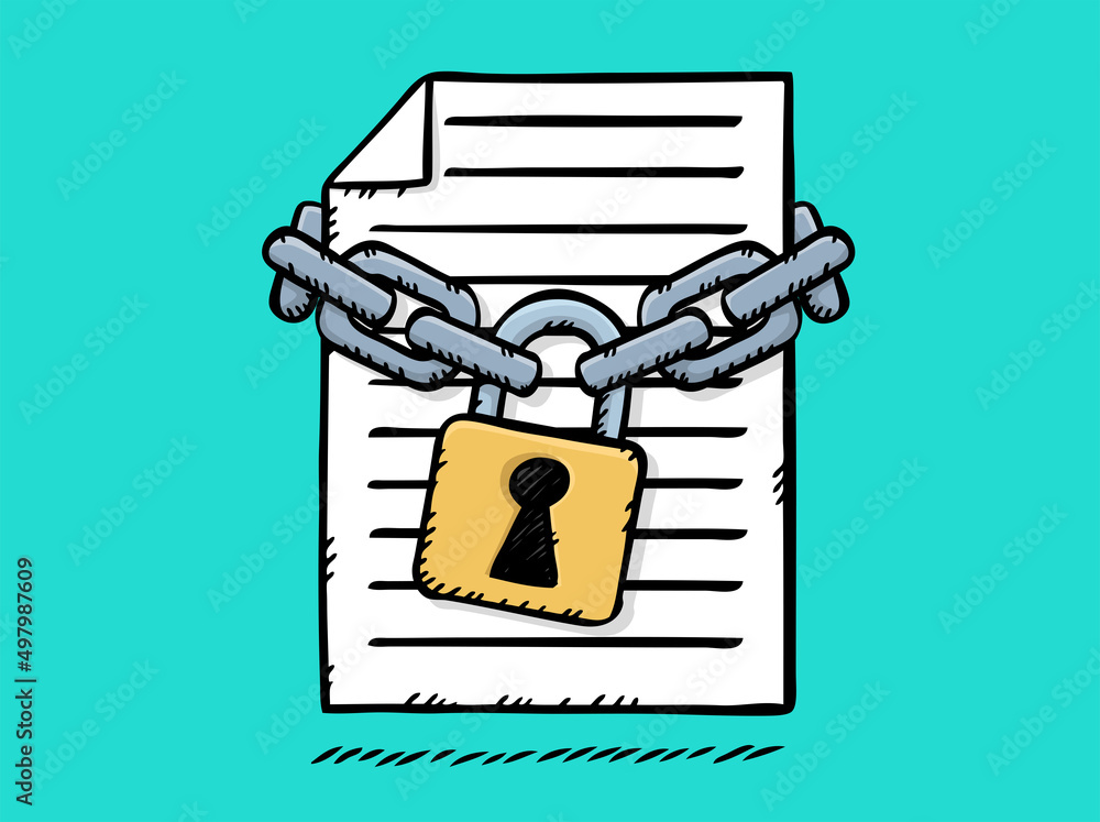 Poster cartoon style vector illustration of document file locked with chains and padlock