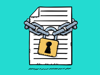 Cartoon style vector illustration of document file locked with chains and padlock