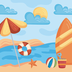 umbrella and surfboard beach