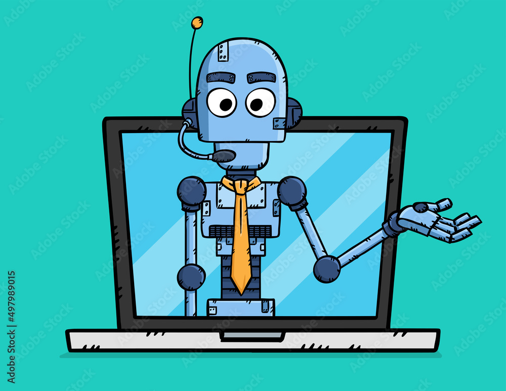 Poster hand drawn vector of customer support ai chat bot showing on laptop screen.