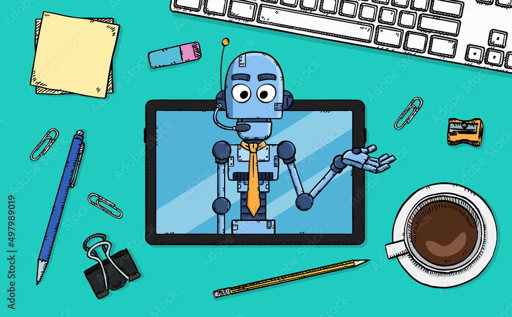 Poster hand drawn vector of customer support ai chat bot showing on tablet screen.