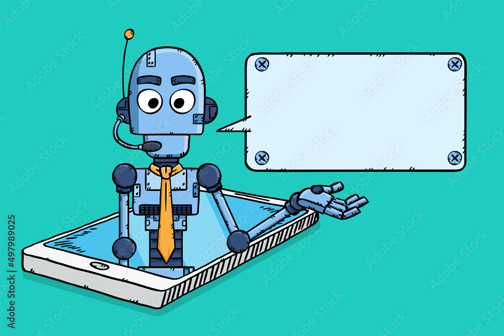 Poster hand drawn vector of customer support ai chat bot showing on smartphone screen with talking bubble