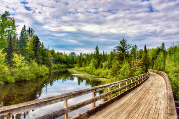 Wooden biking and hiking trail bridge through the woods.