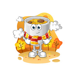 noodle bowl in the autumn. cartoon mascot vector