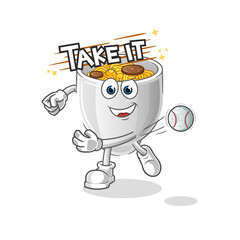 noodle bowl throwing baseball vector. cartoon character