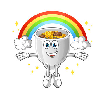 noodle bowl with a rainbow. cartoon vector