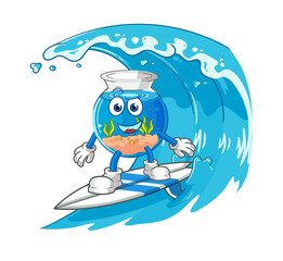 fish bowl surfing character. cartoon mascot vector