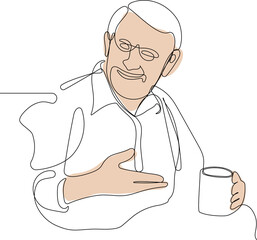 Continuous one line drawing of a relaxed senior gentleman old man drinking tea. Minimal outline concept for yuor design. Vector illustration