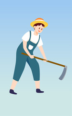 Farmer is hoeing with a hoe, farmland and plants in the background, vector illustration