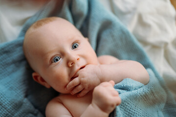 Little cute causian baby boy with blue eyes, smiling at camera, baby lying on his back. 