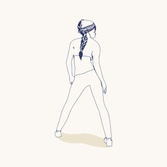 Standing woman. Sport girl illustration. Casual sportwear - t-shirt, breeches and sneakers. Young woman wearing workout clothes. Sport fashion girl outline in urban casual style. Back view