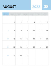 August 2022 template, Calendar 2022 template vector, planner monthly design, desk calendar 2022, wall calendar design, minimal style, advertisement, poster, printing media, simple creative vector